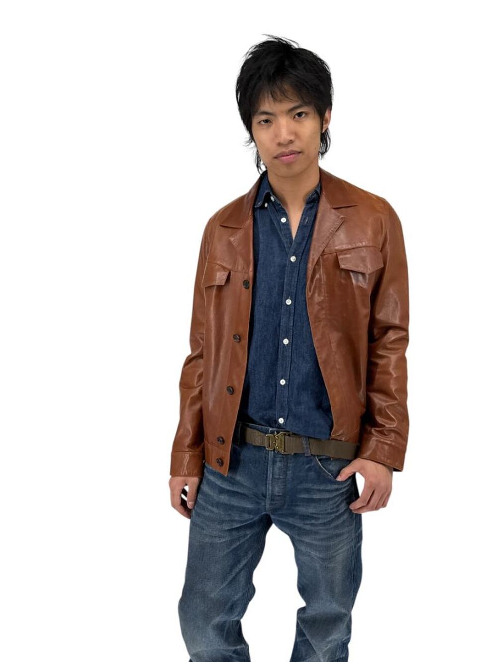 Prada Vintage Cognac Leather Silk-Lined Field Jacket Size 48 Made in Italy